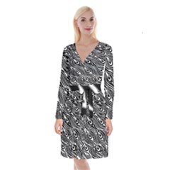 Digitally Created Peacock Feather Pattern In Black And White Long Sleeve Velvet Front Wrap Dress