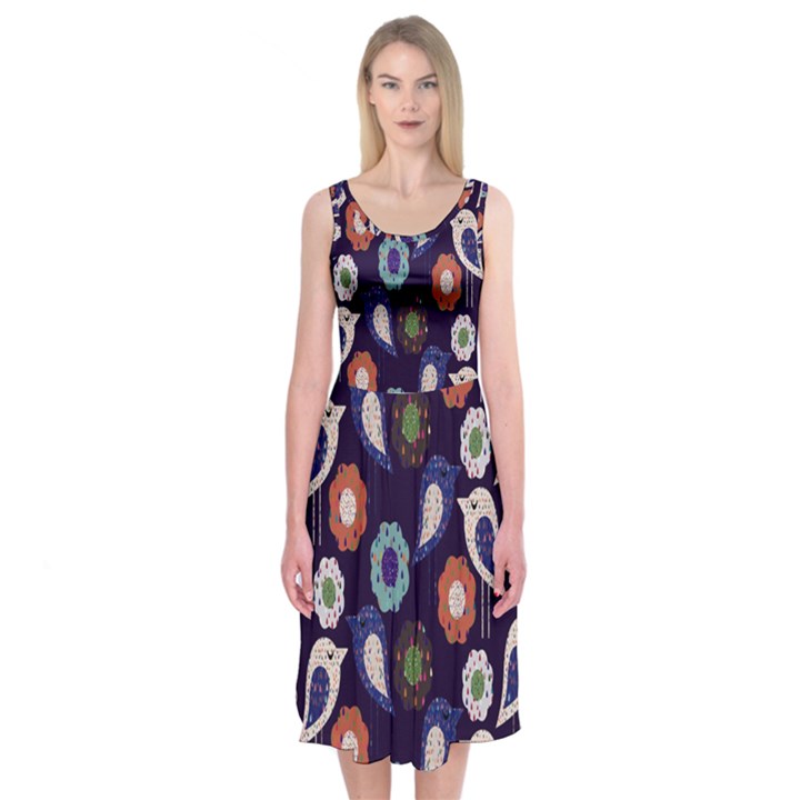 Cute Birds Seamless Pattern Midi Sleeveless Dress