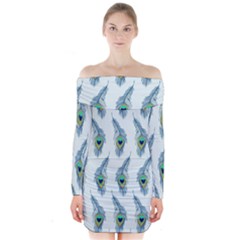 Background Of Beautiful Peacock Feathers Long Sleeve Off Shoulder Dress by Nexatart