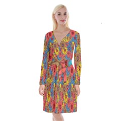 Background With Multi Color Floral Pattern Long Sleeve Velvet Front Wrap Dress