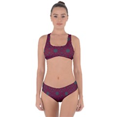 Blue Hot Pink Pattern With Woody Circles Criss Cross Bikini Set