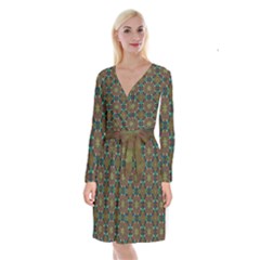 Seamless Abstract Peacock Feathers Abstract Pattern Long Sleeve Velvet Front Wrap Dress