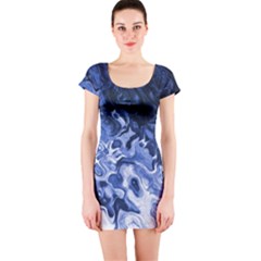 Blue Waves Abstract Art Short Sleeve Bodycon Dress by LokisStuffnMore