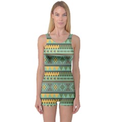 Bezold Effect Traditional Medium Dimensional Symmetrical Different Similar Shapes Triangle Green Yel One Piece Boyleg Swimsuit