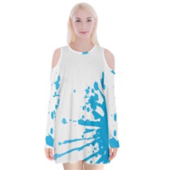 Blue Stain Spot Paint Velvet Long Sleeve Shoulder Cutout Dress by Mariart