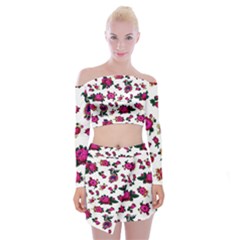 Crown Red Flower Floral Calm Rose Sunflower White Off Shoulder Top With Skirt Set by Mariart