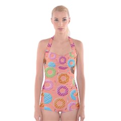 Doughnut Bread Donuts Orange Boyleg Halter Swimsuit  by Mariart