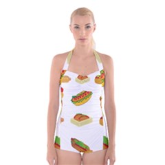 Hot Dog Buns Sauce Bread Boyleg Halter Swimsuit 
