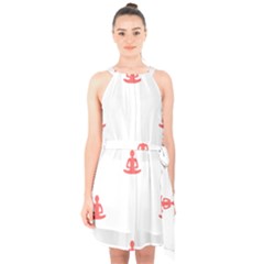 Seamless Pattern Man Meditating Yoga Orange Red Silhouette White Halter Collar Waist Tie Chiffon Dress