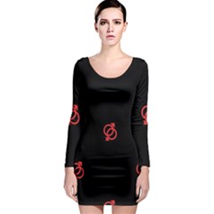 Seamless Pattern With Symbol Sex Men Women Black Background Glowing Red Black Sign Long Sleeve Bodycon Dress