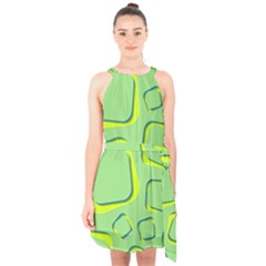 Shapes Green Lime Abstract Wallpaper Halter Collar Waist Tie Chiffon Dress