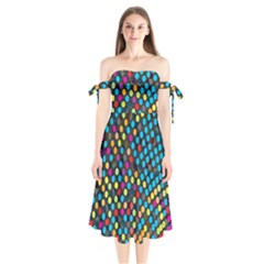 Polkadot Rainbow Colorful Polka Circle Line Light Shoulder Tie Bardot Midi Dress by Mariart