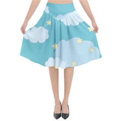 Stellar Cloud Blue Sky Star Flared Midi Skirt