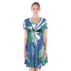 Tropics Leaf Bluegreen Short Sleeve V-neck Flare Dress by Mariart
