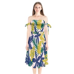 Tropics Leaf Yellow Green Blue Shoulder Tie Bardot Midi Dress by Mariart