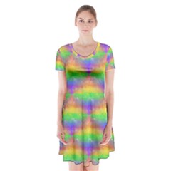 Painted Rainbow Pattern Short Sleeve V-neck Flare Dress by Brini