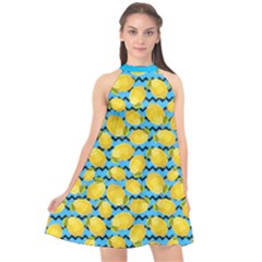 Deep Sky Blue Zigzag Lemons Halter Neckline Chiffon Dress  by PattyVilleDesigns