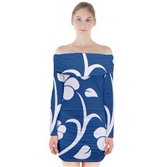 Blue Hawaiian Flower Floral Long Sleeve Off Shoulder Dress