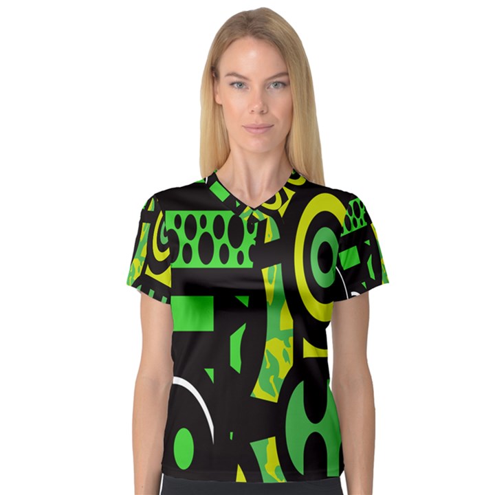 Half Grower Banner Polka Dots Circle Plaid Green Black Yellow Women s V-Neck Sport Mesh Tee