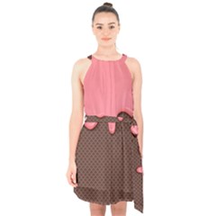 Ice Cream Pink Choholate Plaid Chevron Halter Collar Waist Tie Chiffon Dress