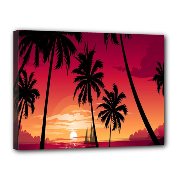 Nature Palm Trees Beach Sea Boat Sun Font Sunset Fabric Canvas 16  x 12 