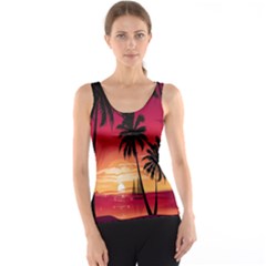 Nature Palm Trees Beach Sea Boat Sun Font Sunset Fabric Tank Top by Mariart