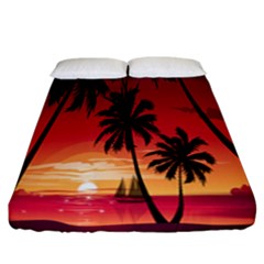 Nature Palm Trees Beach Sea Boat Sun Font Sunset Fabric Fitted Sheet (california King Size)