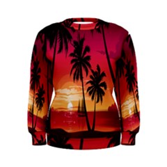 Nature Palm Trees Beach Sea Boat Sun Font Sunset Fabric Women s Sweatshirt by Mariart