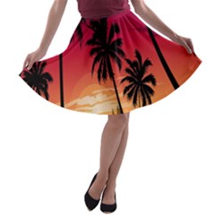 Nature Palm Trees Beach Sea Boat Sun Font Sunset Fabric A-line Skater Skirt by Mariart