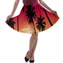 Nature Palm Trees Beach Sea Boat Sun Font Sunset Fabric A-line Skater Skirt View1