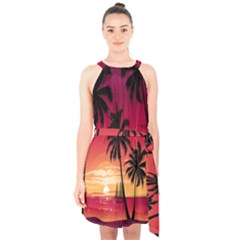 Nature Palm Trees Beach Sea Boat Sun Font Sunset Fabric Halter Collar Waist Tie Chiffon Dress