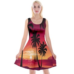 Nature Palm Trees Beach Sea Boat Sun Font Sunset Fabric Reversible Velvet Sleeveless Dress by Mariart