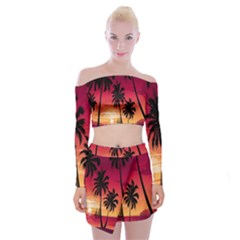 Nature Palm Trees Beach Sea Boat Sun Font Sunset Fabric Off Shoulder Top With Skirt Set