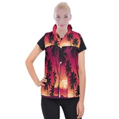 Nature Palm Trees Beach Sea Boat Sun Font Sunset Fabric Women s Button Up Puffer Vest by Mariart