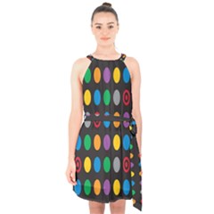 Polka Dots Rainbow Circle Halter Collar Waist Tie Chiffon Dress