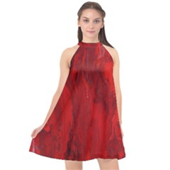 Stone Red Volcano Halter Neckline Chiffon Dress 