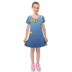 Water Bubbles Fish Seaworld Blue Kids  Short Sleeve Velvet Dress