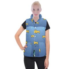 Water Bubbles Fish Seaworld Blue Women s Button Up Puffer Vest