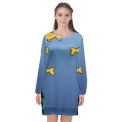 Water Bubbles Fish Seaworld Blue Long Sleeve Chiffon Shift Dress 