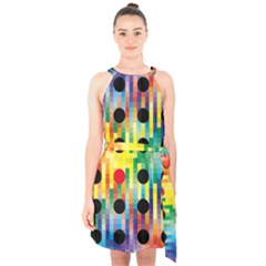 Watermark Circles Squares Polka Dots Rainbow Plaid Halter Collar Waist Tie Chiffon Dress