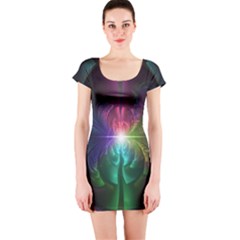 Anodized Rainbow Eyes And Metallic Fractal Flares Short Sleeve Bodycon Dress