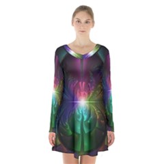 Anodized Rainbow Eyes And Metallic Fractal Flares Long Sleeve Velvet V-neck Dress