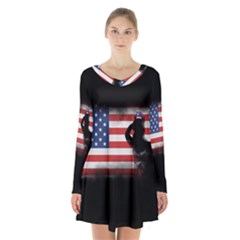 Honor Our Heroes On Memorial Day Long Sleeve Velvet V-neck Dress by Catifornia