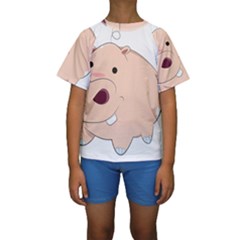 Happy Cartoon Baby Hippo Kids  Short Sleeve Swimwear by Catifornia