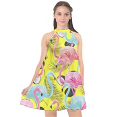 Yellow Style Flamingo Hawaii Halter Neckline Chiffon Dress  by PattyVilleDesigns