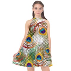 Colorful Peacock Feathers Halter Neckline Chiffon Dress  by PattyVilleDesigns