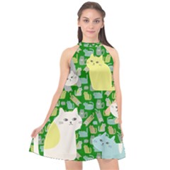 Green Chubby Cats Halter Neckline Chiffon Dress  by PattyVilleDesigns