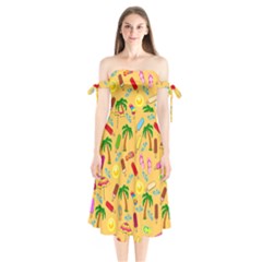 Beach Pattern Shoulder Tie Bardot Midi Dress by Valentinaart