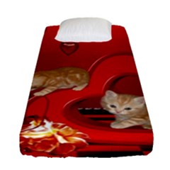 Cute, Playing Kitten With Hearts Fitted Sheet (single Size) by FantasyWorld7