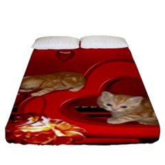 Cute, Playing Kitten With Hearts Fitted Sheet (king Size) by FantasyWorld7